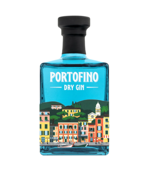 Sticlă de Portofino Dry Gin 0.5 L – gin italian premium, distilat din 21 de botanice mediteraneene și decorat cu ilustrația colorată a portului Portofino.
